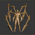 Golden Humanoid Sculpture With Multiple Mechanical Arms And Decorative Weapons