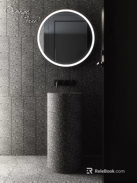 Modern Bathroom Pedestal Sink With Black Terrazzo Wall And Round Backlit Mirror 3d model 