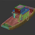 Traditional Wooden Water Transport Boat Featuring Upper Cabin Red Lanterns Lifebuoy And Deck