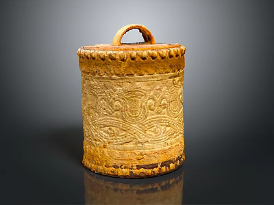 Yellow Cylindrical Lidded Sculpture Carving With Ornate Patterns Loop Handle And Decorative Edge 3d model
