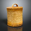 Yellow Cylindrical Lidded Sculpture Carving With Ornate Patterns Loop Handle And Decorative Edge 3d model