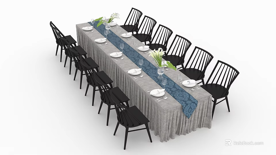 Long Dining Table Set With Gray Tablecloth Blue Runner White Tableware And Black Chairs 3d model 