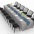 Long Dining Table Set With Gray Tablecloth Blue Runner White Tableware And Black Chairs 3d model