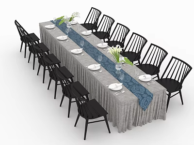 Long Dining Table Set With Gray Tablecloth Blue Runner White Tableware And Black Chairs 3d model