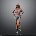 Blonde Woman In Pink Shirt And Blue Denim Shorts With White High Heels Standing