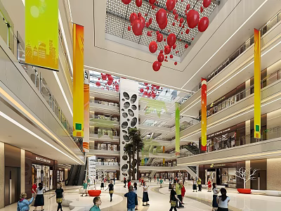 Vibrant Modern Shopping Mall Atrium With Red Balloons And Colorful Pillars 3d model