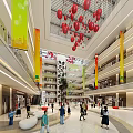 Vibrant Modern Shopping Mall Atrium With Red Balloons And Colorful Pillars