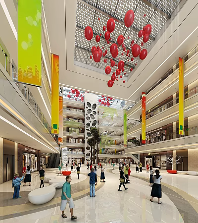 Vibrant Modern Shopping Mall Atrium With Red Balloons And Colorful Pillars 3d model