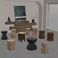 Various Wooden Stools with Different Designs in Modern Interior with Artwork and Shelf 3d model