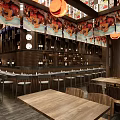 Japanese Restaurant Interior With Wooden Bar Counter Dining Tables Hanging Lanterns And Wall Art