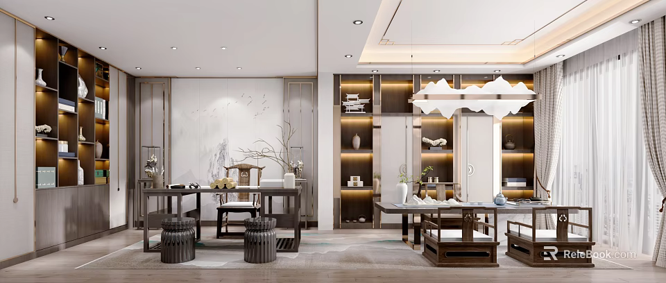 Elegant Study Room Interior Design With Wooden Desk Bookshelves And Decorative Lighting Elements 3d model