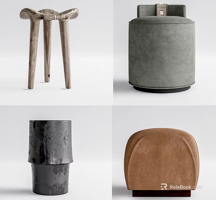 Stylish Stools With Wooden Fabric Metal Leather And Round Cylindrical Oval Designs 3d model 
