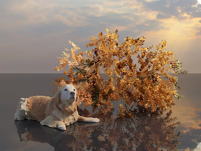 Golden Leaf Shrub With A Dog Lying Beside It Under Sunset Sky And Reflection 3d model