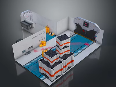 Landscape Featuring White Buildings With Red Stripes On Blue Water Surface And Yellow Facilities 3d model