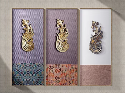 Three Decorative Wall Art Paintings With Golden Spiral Patterns And Colorful Backgrounds 3d model