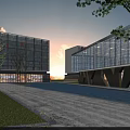 Modern Sales Office Building With Glass Curtain Walls And Water Pool Surroundings