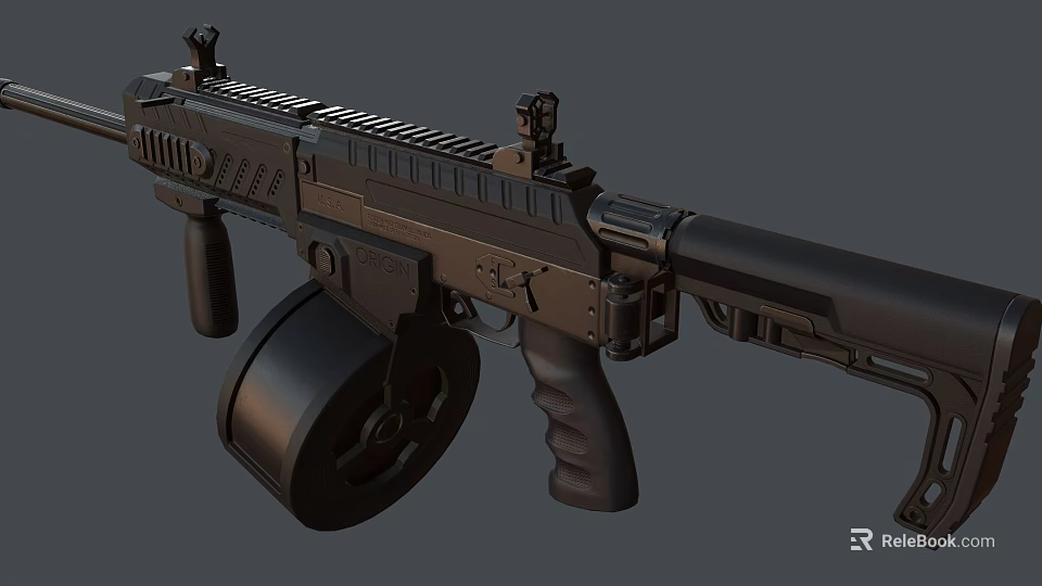 Tactical Automatic Weapon With Drum Magazine Rail System And Ergonomic Grip Design 3d model 