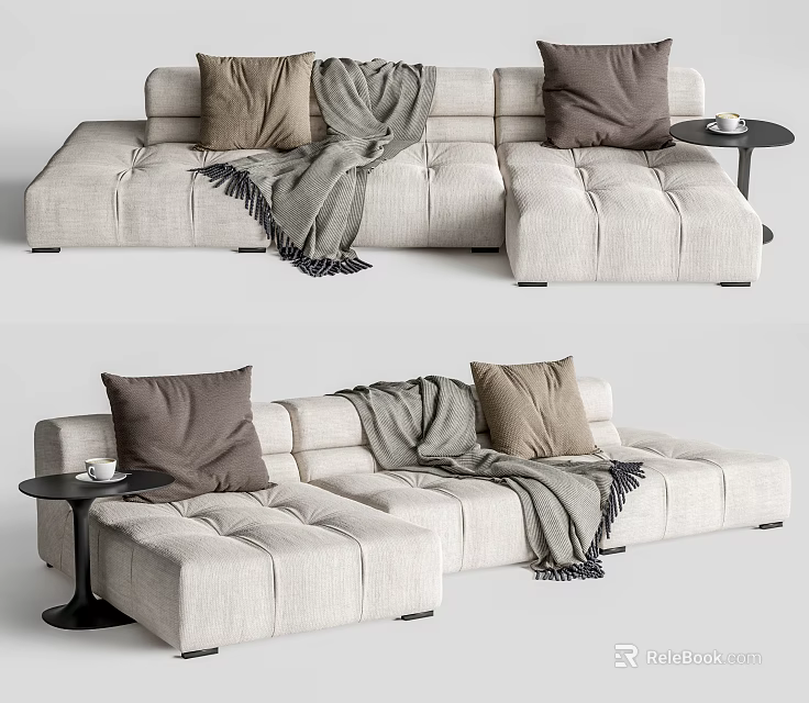 Light Beige Sectional Sofa with Brown Beige Pillows and Gray Throw Blanket 3d model