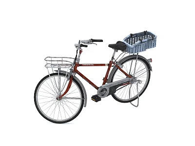 Practical City Bicycle With Front And Rear Baskets Red Frame Black Seat 3d model