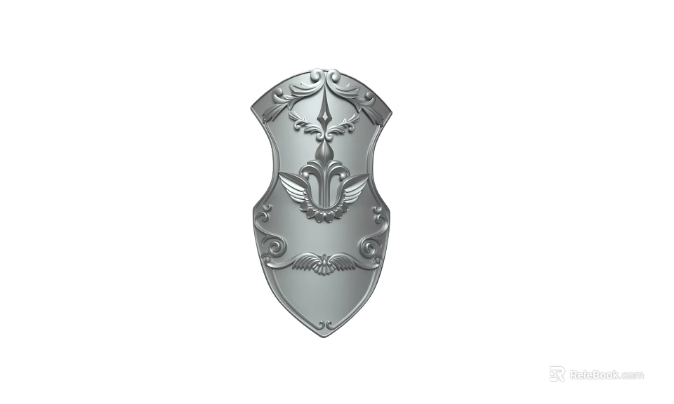 Ornate Silver Shield with Intricate Spiked Top Curved Patterns and Winged Designs 3d model 