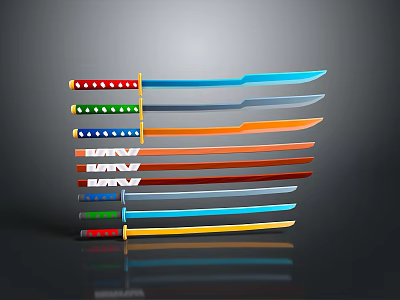 Multiple Swords With Various Colored Handles And Blades Arranged Neatly In A Row 3d model