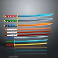 Multiple Swords With Various Colored Handles And Blades Arranged Neatly In A Row
