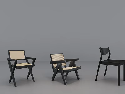 Set of Three Modern Leisure Chairs Featuring Wooden Frame and Diverse Designs 3d model