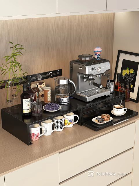 Coffee Corner Setup With Espresso Machine Mugs Bamboo Plant And Snacks 3d model