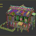 Cartoon Style Wooden House With Red Roof Tiles Multiple Windows Porch And Fence Structure