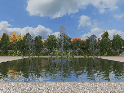 Water Fountain With Multiple Jets In Pool Surrounded By Autumn Trees Under Blue Sky 3d model