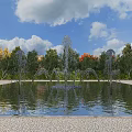 Water Fountain With Multiple Jets In Pool Surrounded By Autumn Trees Under Blue Sky