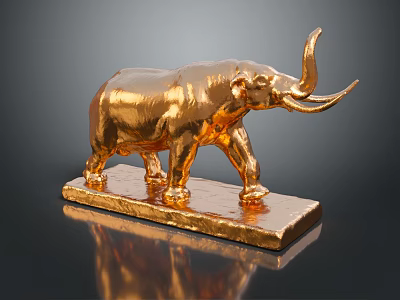 Shiny Golden Elephant Statue On Square Base With Dark Surface Reflection 3d model