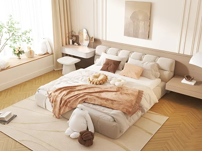 Cozy Double Bed In Modern Bedroom With Soft Pillows Warm Blanket And Decorative Painting 3d model