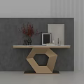 Modern Entryway Console Table Golden Hexagonal Base Grey Wall Striped Accent With Vase Frame Mirror 3d model