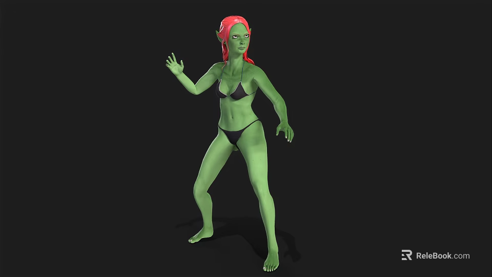 Green Skinned Female Character With Red Hair And Black Bikini Standing In 3D Render 3d model 