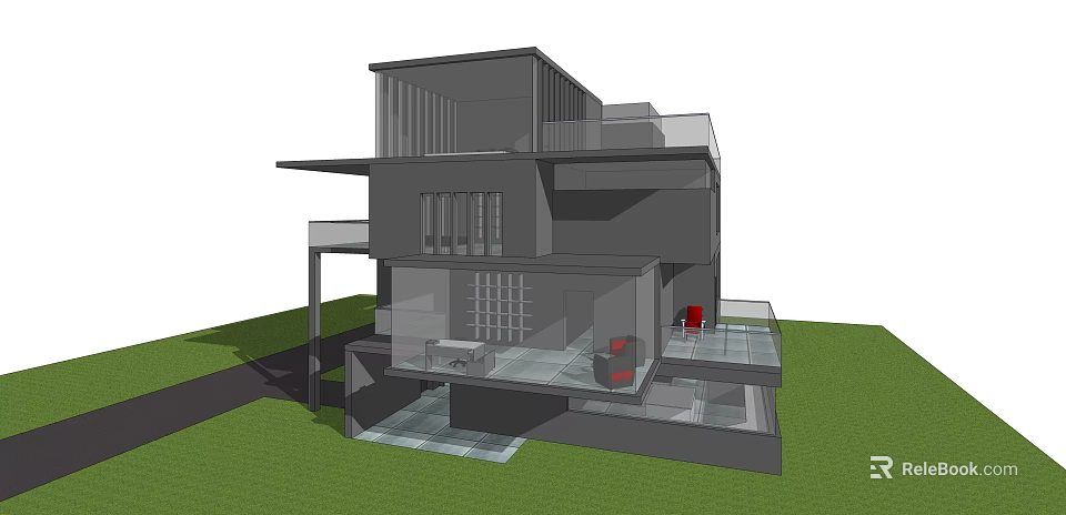 Modern Detached Villa Exterior Design With Multi Level Structure Glass Balcony And Green Lawn 3d model 