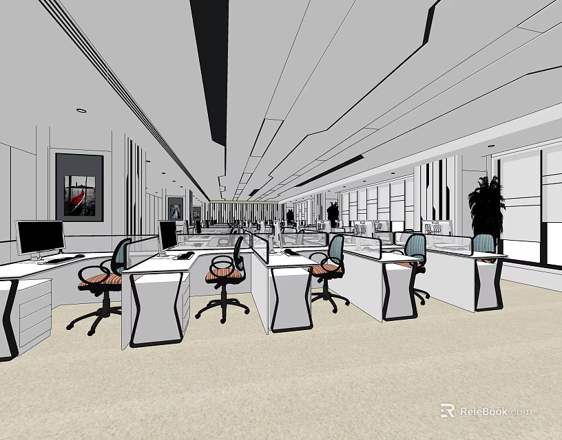 Modern Public Office Space With Desks Ergonomic Chairs Computers And Large Windows 3d model 