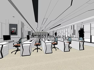 Modern Public Office Space With Desks Ergonomic Chairs Computers And Large Windows 3d model