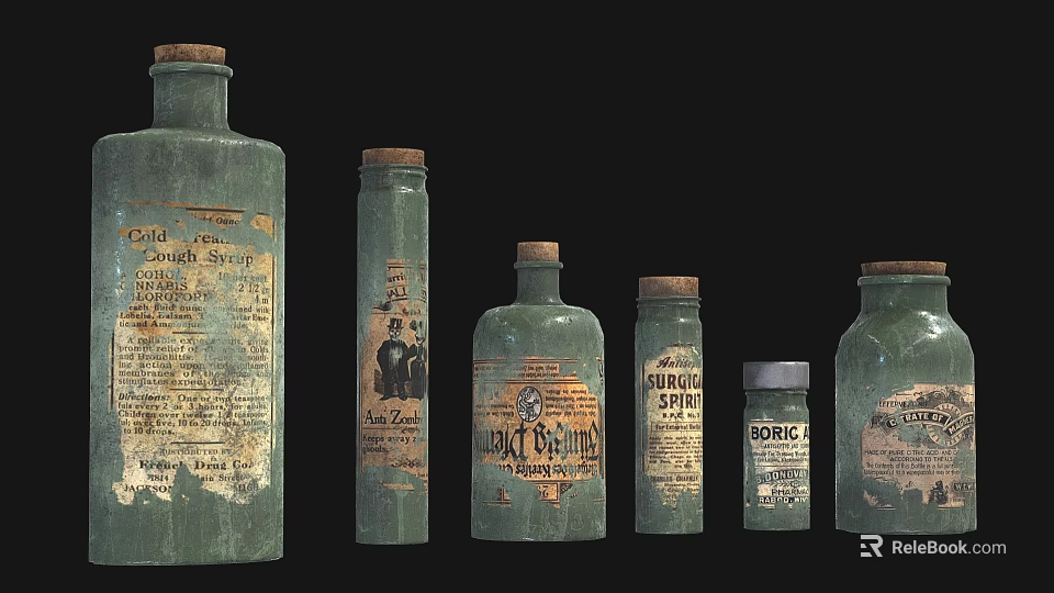 Vintage Medical Instruments Green Glass Bottles With Antique Labels For Early Medicine Storage 3d model 