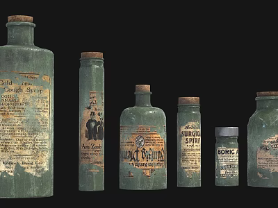 Vintage Medical Instruments Green Glass Bottles With Antique Labels For Early Medicine Storage 3d model