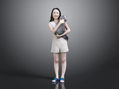 Woman Holding Cat Wearing Sleeveless Top And Shorts With Blue Sandals On Gray Background 3d model