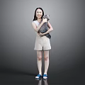 Woman Holding Cat Wearing Sleeveless Top And Shorts With Blue Sandals On Gray Background