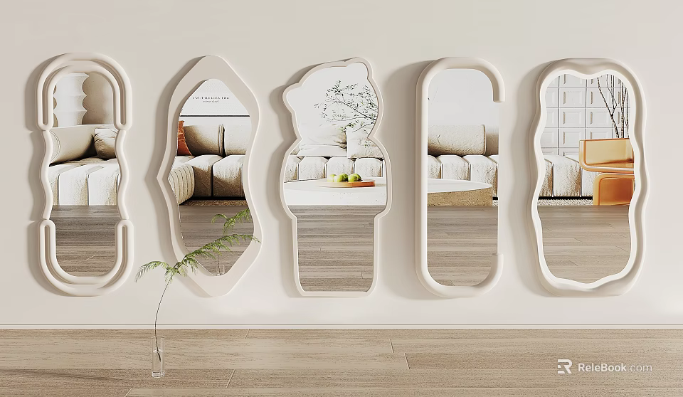 Various Shapes White Framed Mirrors Hanging on Wall Reflecting Sofa Green Plants and Transparent Vase 3d model 