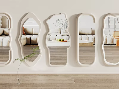 Various Shapes White Framed Mirrors Hanging on Wall Reflecting Sofa Green Plants and Transparent Vase 3d model
