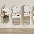 Various Shapes White Framed Mirrors Hanging on Wall Reflecting Sofa Green Plants and Transparent Vase
