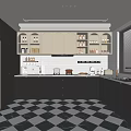 Modern Kitchen Interior Design With Black Cabinets White Refrigerator And Checkered Floor 3d model