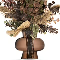 Natural Dried Flower Arrangement In Brown Vase With Green Leaves And Decorative Grasses
