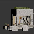 Stone Structure Open Space Design With Green Roof Seating Area And Decorative Items