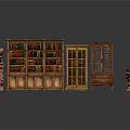 Vintage Wooden Bookcase And Glass Door Cabinet With Stacked Books