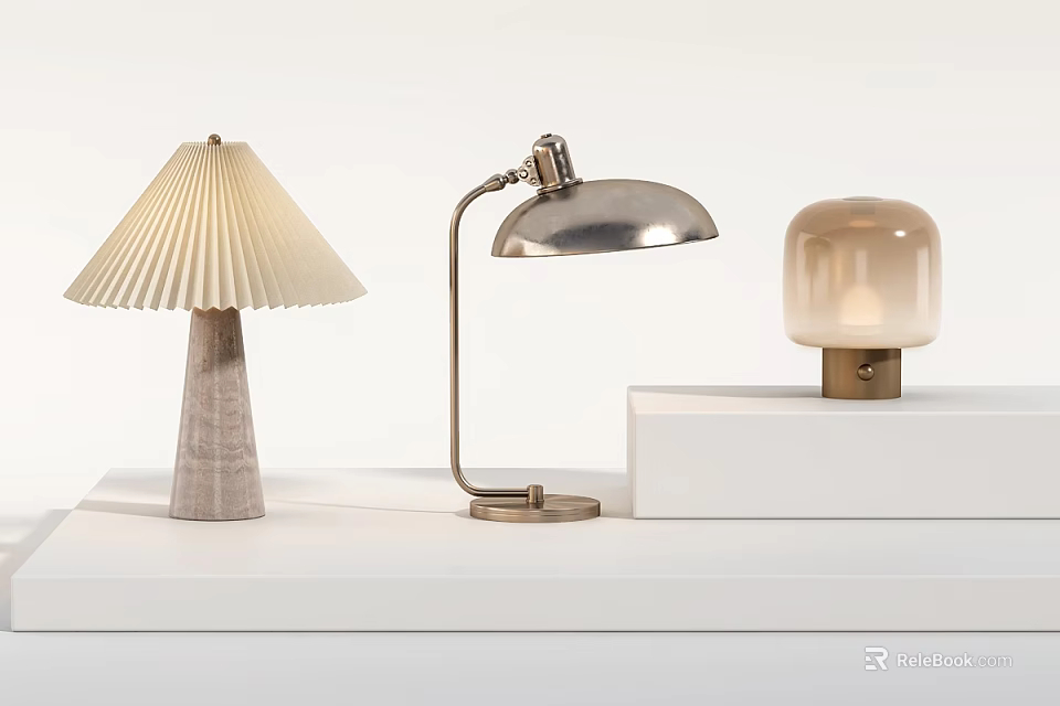 Elegant Table Lamps On White Display Stand With Pleated Shade Adjustable Arm And Frosted Glass 3d model 